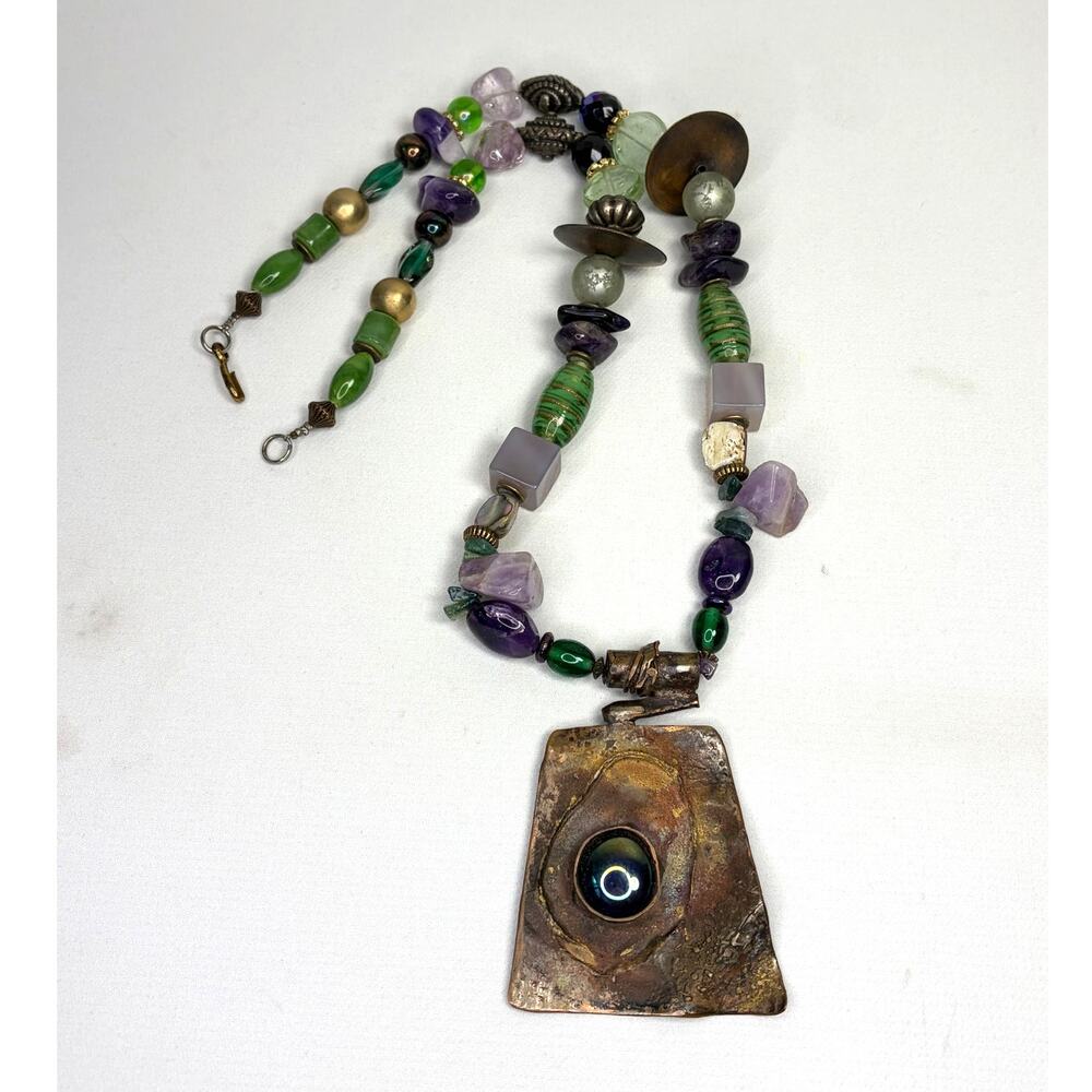Vintage Handmade Copper Pendant Natural Stone Beaded Necklace Artist Signed '96